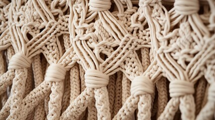 Handmade macrame background. Macrame braiding and cotton threads. Top view close up