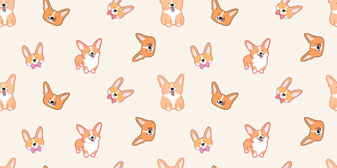 Seamless Pattern of Cute Cartoon Corgi Dog Design on Beige Color Background