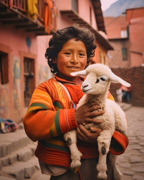 Happy traditional boy  from Cusco with Llama