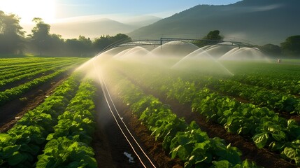 agricultural irrigation as sprinklers nourish the fertile farmland. This eco-friendly method ensures green fields and thriving plants, underlining the significance of sustainable farming practices. - obrazy, fototapety, plakaty