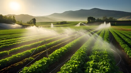 agricultural irrigation as sprinklers nourish the fertile farmland. This eco-friendly method ensures green fields and thriving plants, underlining the significance of sustainable farming practices.