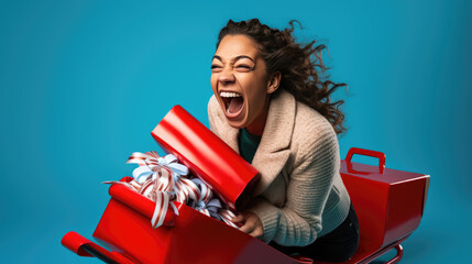 Woman laughing joyously while holding onto a sled overflowing with colorful wrapped Christmas gifts, set against a blue background