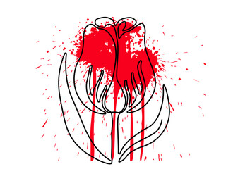 Abstract flower tulip, continuous one line art hand drawing and drops , splashes of ink like red blood on a white background