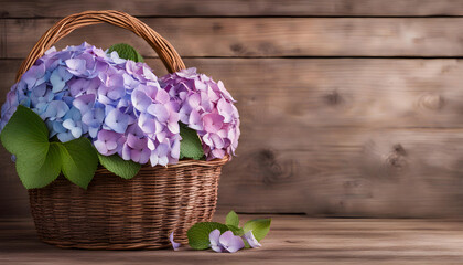 Hydrangea flower basket on a wooden background 