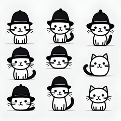 cats wearing hats, cute stick figures, rounded thick black outlines, minimal, white background

