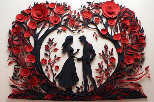 Roses surrounding a couple, Valentine's Day background, paper cut, wallpaper.
