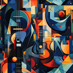 Musical instruments repeat pattern - funky collage fantasy colorful cubism, abstract art, trippy psychedelic 