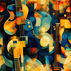 Musical instruments repeat pattern - funky collage fantasy colorful cubism, abstract art, trippy psychedelic 