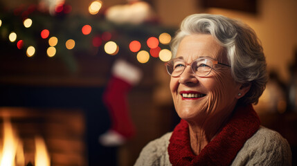 Elderly lady with white hair, wearing a red sweater, smiles warmly, seated in front of a glowing fireplace and a festively decorated Christmas tree.