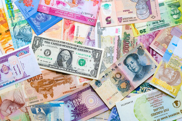 Country multi-currency banknotes and currency exchange concept
