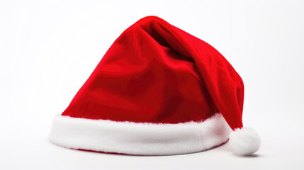 Red Santa Claus hat with a white fur trim and pompom, typically associated with Christmas festivities, against a white background.