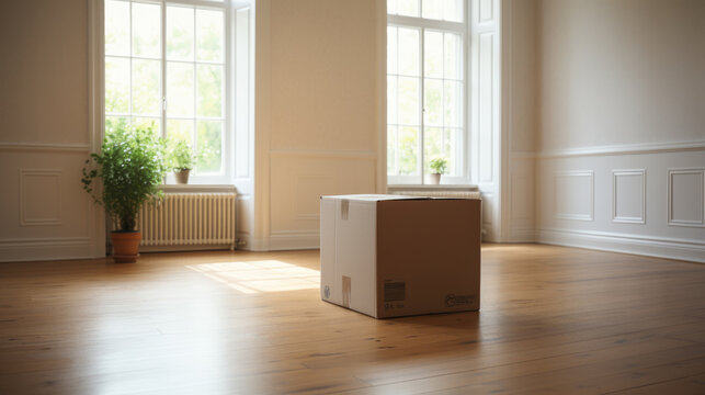 A single cardboard box in an empty room with wooden floors and a window with blinds, bathed in natural sunlight casting shadows on the floor.