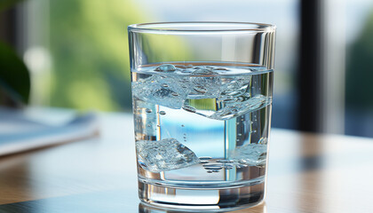 Ice cubes floating in a glass of water, with a focus on the bubbles and refraction