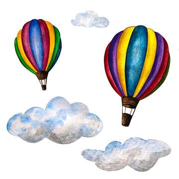 Hand drawn watercolor set of hot air balloons in flight and clouds on a white background. Colorful background for fabric, wallpaper, gift wrapping paper, scrapbooking. Design for children.