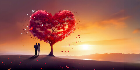 A romantic silhouette - a couple standing beneath a heart-shaped tree at sunset