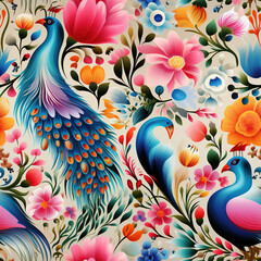 India floral folk art repeat pattern - obrazy, fototapety, plakaty