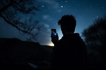 A man takes a photo of the night sky on his phone, Silhouette photo - obrazy, fototapety, plakaty
