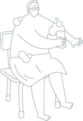 An elderly man is sitting on a bathing chair and washing his body.