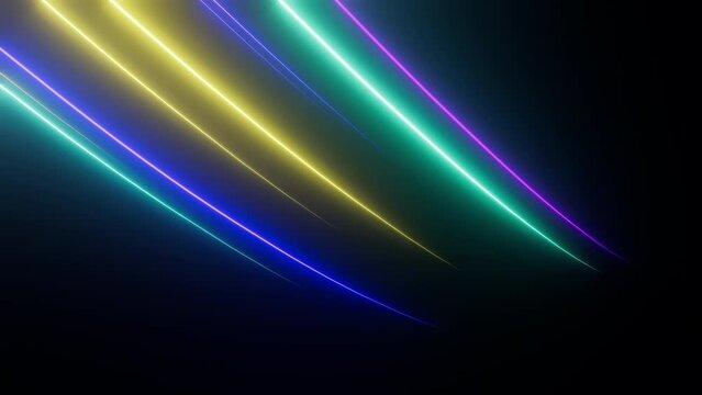 3d animation of abstract background with ascending colorful neon glowing lines, glowing trails