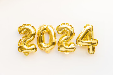 Golden foil balloons in form of numbers 2024 on white, New year card celebration, Gold air...