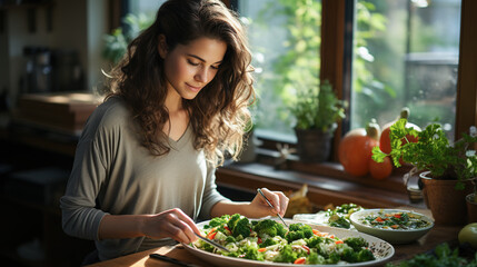 Happy woman eating healthy food and sitting on the table. Salad, Vegan, Vegetarian food and Healthy...