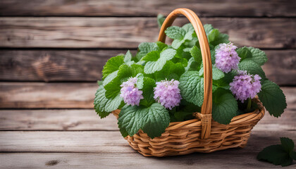 Fototapeta na wymiar Lamium flower basket on a wooden background