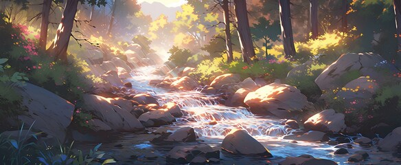 A forest stream, with the setting sun casting dappled light on the water, cartoon style art, animation wallpaper. generative AI - obrazy, fototapety, plakaty