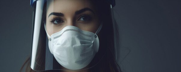Fototapeta na wymiar A young doctor portrait in protective mask on gray background, Medical specialist in professional uniform, Face shield, Beautiful brunette girl in protective gear, Confident nurse, Panoramic crop