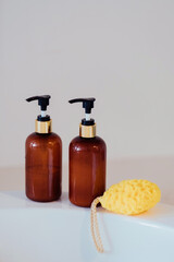 Bath filling with tap water. Cosmetic products in the bath. Organic spa vacation.