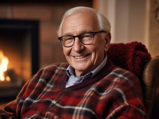 Happy senior man, wrapped in warm knitted plaid, relaxing at home in the evening, sitting in rocking chair by fireplace