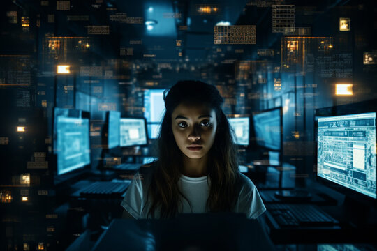 A Young Woman Is Surrounded By Monitors & Their Reflections Displaying Scrolling Text And Data