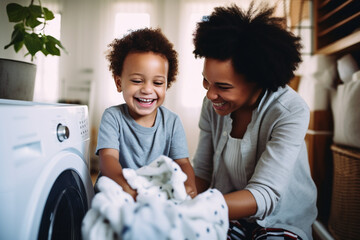 Adorable little African American boy with an afro smiling and faving fun while doing housework with him mother at home, mixed race shot of a cute child folding laundry with his mom - obrazy, fototapety, plakaty