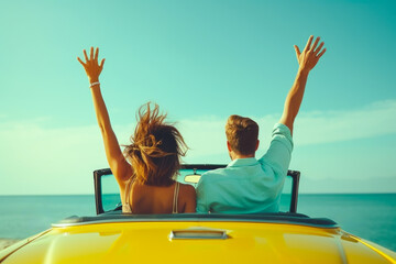 Young couple enjoying a seaside drive in a convertible - Powered by Adobe