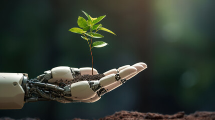 Ai robot with environmental protection concept, Robot hand hold sapling, analyze investment sustainability, sustainable development, climate change, green energy recycle, Net zero.