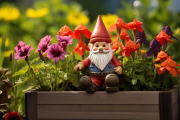 Funny Garden gnome in a beautiful front garden with flowers Allotment garden design in Germany