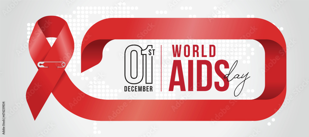Poster world aids day - text in single ribbon with a brooch roll rectangle frame shape on dot world map tex