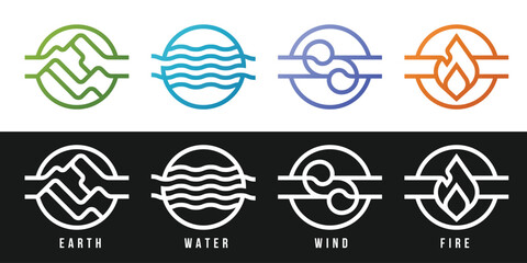 4 elements of nature symbols collection - earth, water, wind and fire with modern border line circle icon symbols gradient and white tone style vector design
