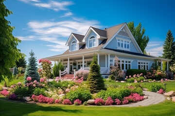 American Style Country House on a Striking Summer Day with Blue Sky, Beautiful Residential Area Home, Real Estate Property