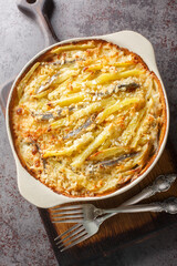 Janssons frestelse casserole consists of potatoes and anchovies which are layered with onions and...
