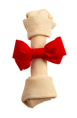 Rawhide Dog Chew Toy Bone Isolated on a White Background with a Christmas Bow