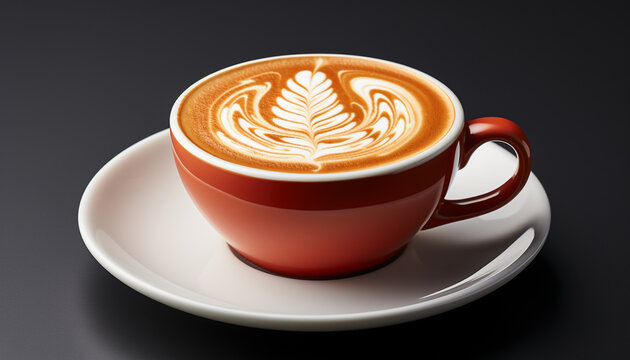 Exquisite latte art in a ceramic cup on a dark backdrop.