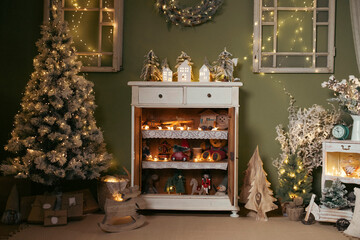 Interior of beautiful vintage room decorated for Christmas