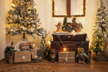 Interior of beautiful vintage room decorated for Christmas