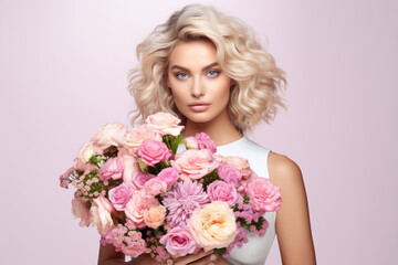 Attractive blond girl with big beautiful bouquet of flowers isolated on white studio background, Spa, surgery, face lifting and skin care concept