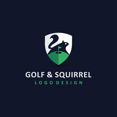 golf and squirrel logo with shield concept - obrazy, fototapety, plakaty