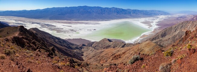 Emerald Lake Water, Aerial Badwater Basin Panorama, Distant Panamint Range Mountain Peaks.  Scenic Death Valley National Park Landscape, Dantes View, California Southwest United States