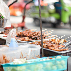 Food sold in the morning is called sticky rice and grilled pork.