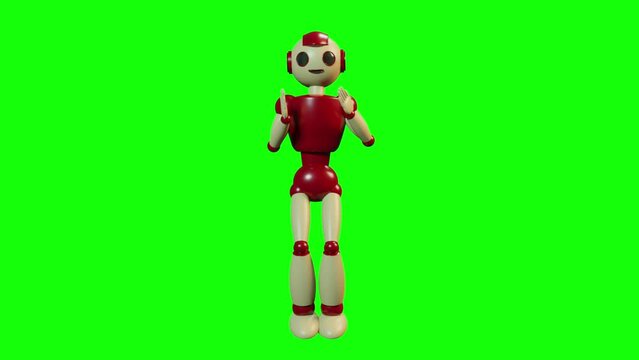 Smiling happy toy robot dancing 3d render green screen loop seamless