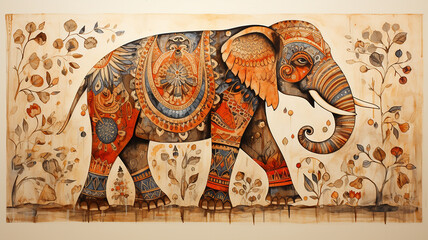 Traditional madhubani style painting of an elephant on a textured background.