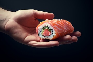 A Hand holding a fish roll topped with salmon Japanese Food Sushi Roll